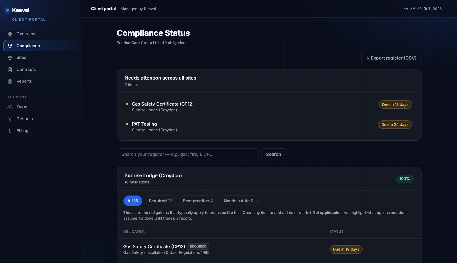 The compliance register — every obligation dated, statused and searchable